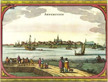 Een afbeelding uit de Cronyk van Smallegange met een gezicht op de stad Arnemuiden aan het einde van de 17e eeuw.