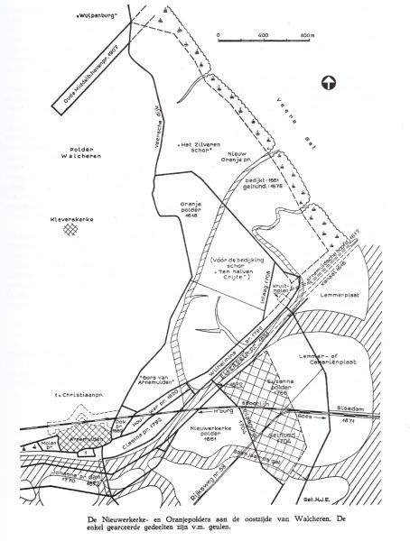 Een overzichttekening uit het boek ‘Tussen Afsluitdammen en Deltadijken’ van M.H. Wilderom van de inpolderingen in het Sloe bij Arnemuiden.