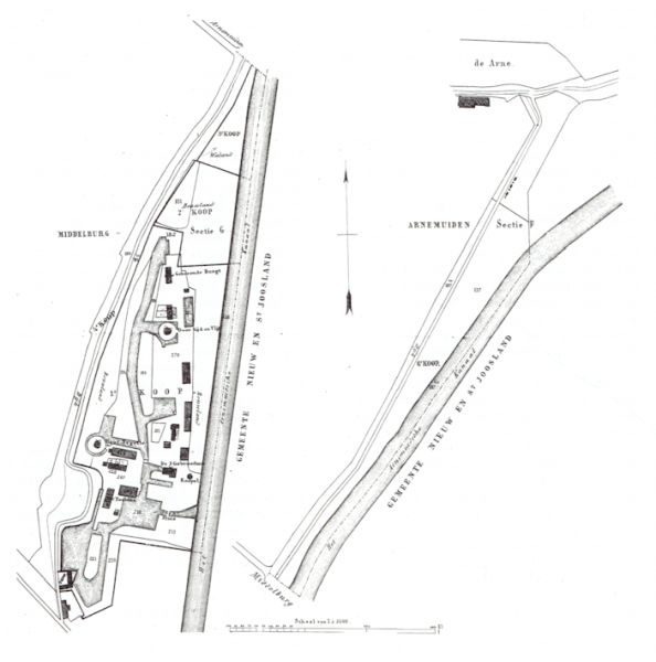 Een plattegrond van de ligging van de houtzaagmolens te Nieuwland.