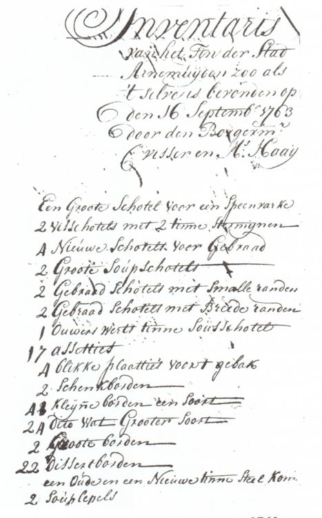 De inventarislijst van de collectie tin in 1763