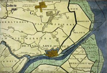 De stad Arnemuiden in de 18e eeuw aan het vaarwater naar het Sloe, genaamd het Arnemuidse Canaal of ook wel het Arnemuidse Gat.