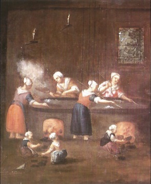 Het zoutzieden in een zoutpan. Schilderij, anoniem.