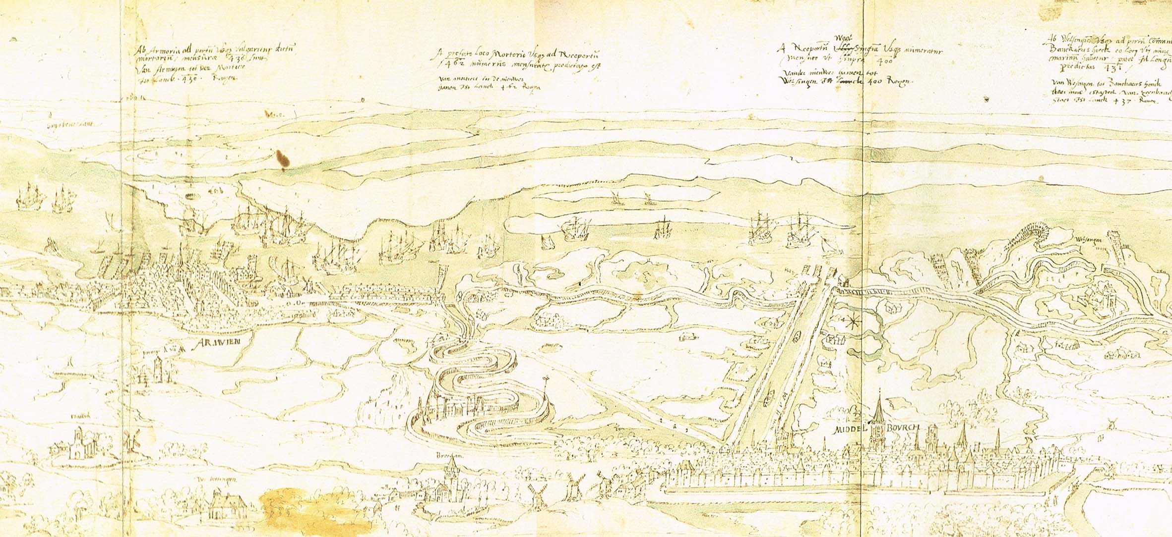 Arnemuiden ca. 1550 op het Panorama van Walcheren van Antoon van den Wijngaerde.