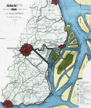 Kaart van F.P. Polderdijk omstreeks het jaar 1600.